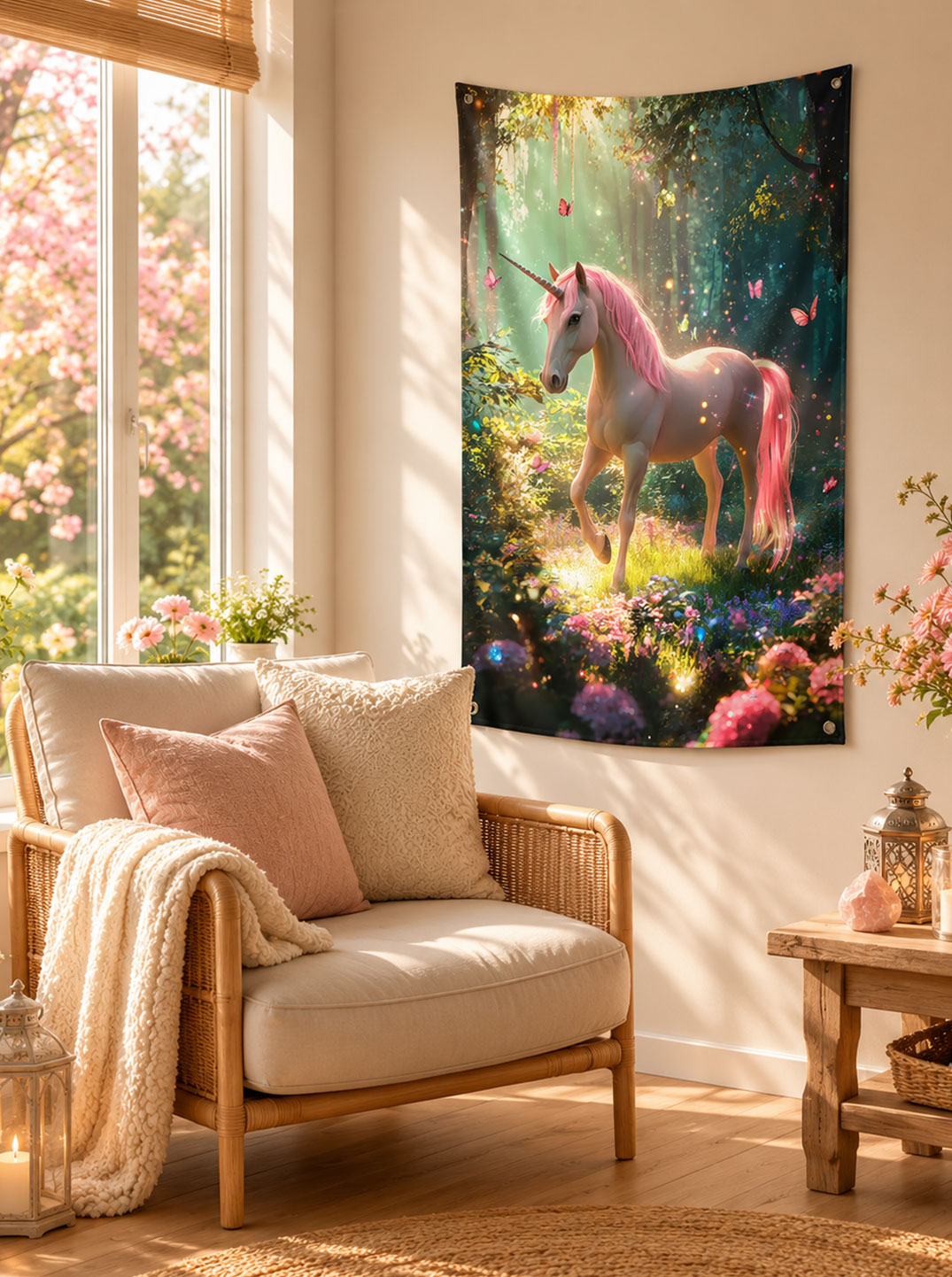 Gemütliches Wohnzimmer mit hellem Sofa vor großen Fenstern. Über die Couch ist eine Decke mit Motiv eines rosafarbenen Einhorns in einem märchenhaften Wald voller Blumen, Lichtstrahlen und Schmetterlinge drapiert.