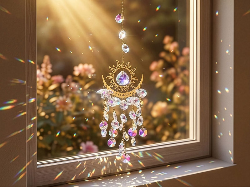 Kristall-Sonnenfänger mit Sonne-und-Mond-Motiv hängt vor Fenster im warmen Sonnenlicht und wirft bunte Lichtreflexe in den Raum, vor verschwommenem Blumenhintergrund.