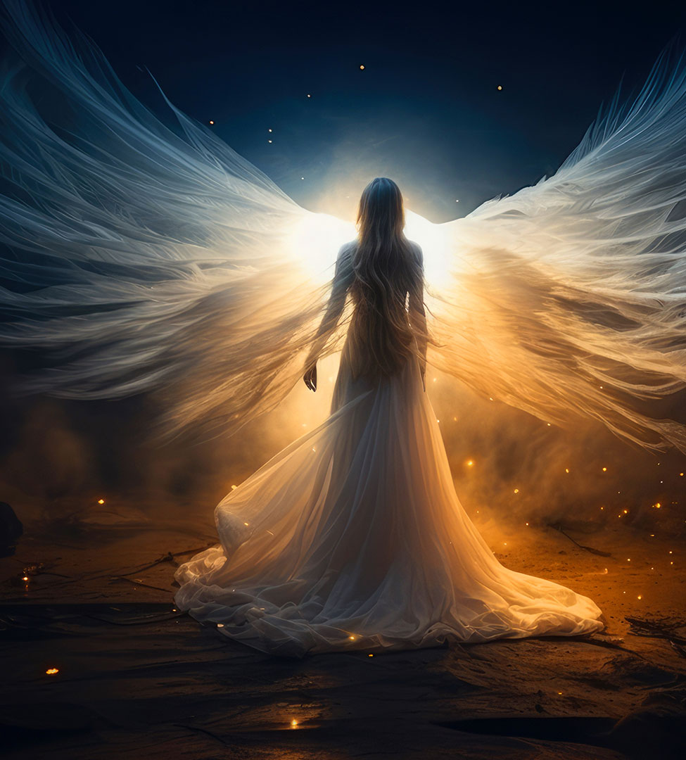 Eine Frau in weißem Kleid geht in Richtung Licht. Ihr Kleid geht in zarte Flügel über.