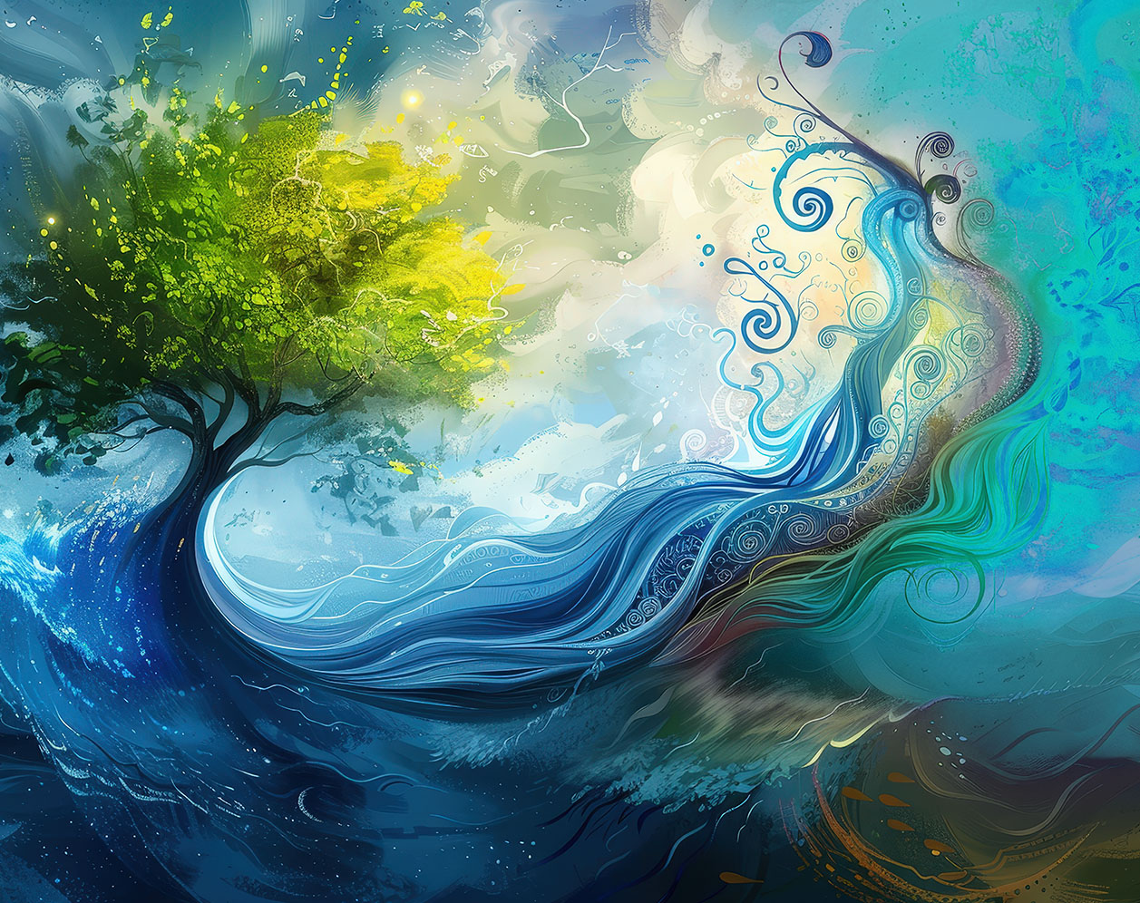 Abstraktes Kunstwerk mit einem grünen Baum, der in fließende blaue und türkise Linien, Wirbel und wasserartige Formen übergeht.