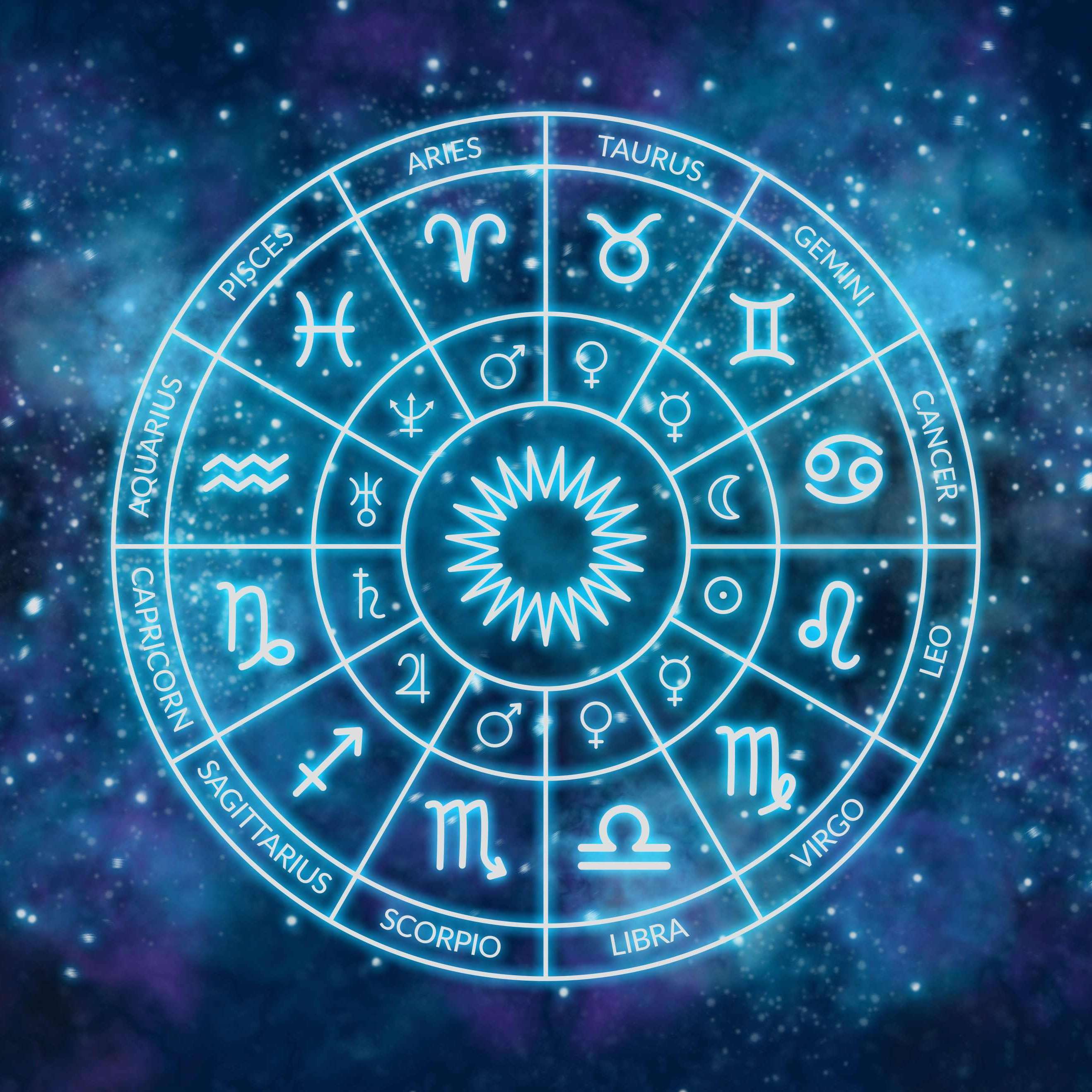 Ein leuchtendes, kreisförmiges Horoskop-Rad mit den zwölf Tierkreiszeichen und astrologischen Symbolen vor einem sternenreichen, blauen Weltraumhintergrund.