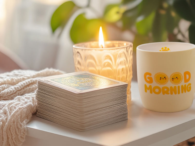 Kerze, Kartenset und gelbe Tasse mit „Good Morning“-Aufdruck auf einem weißen Tisch. Kuscheldecke und Pflanzen im Hintergrund erzeugen eine warme, spirituelle Morgenstimmung.
