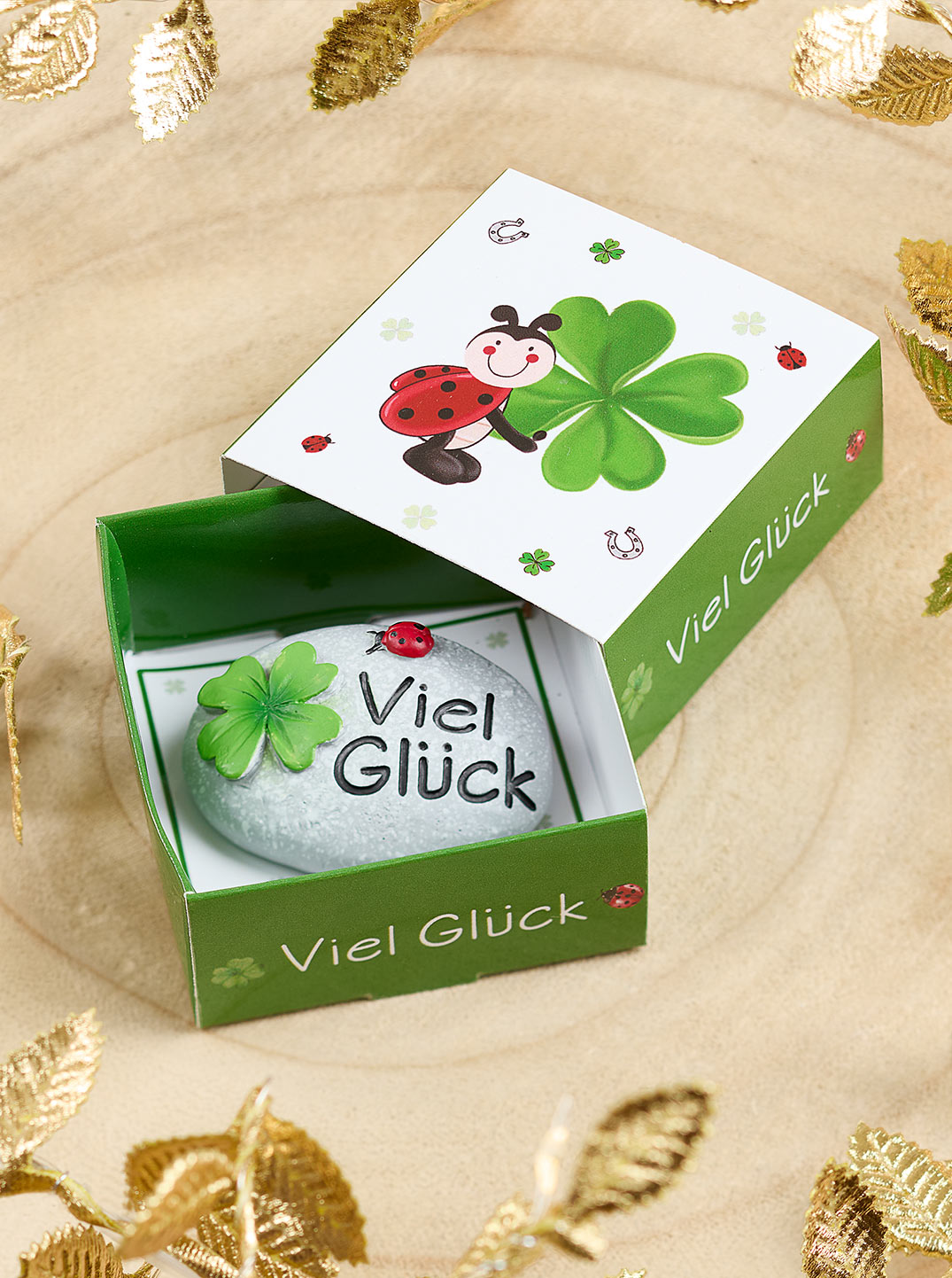 Geschenkverpackung mit Glücksmotiv, darin ein bemalter Stein mit Kleeblatt, Marienkäfer und der Aufschrift „Viel Glück“. Die grüne Box mit fröhlichem Design liegt auf hellem Holz mit goldenen Deko-Blättern.