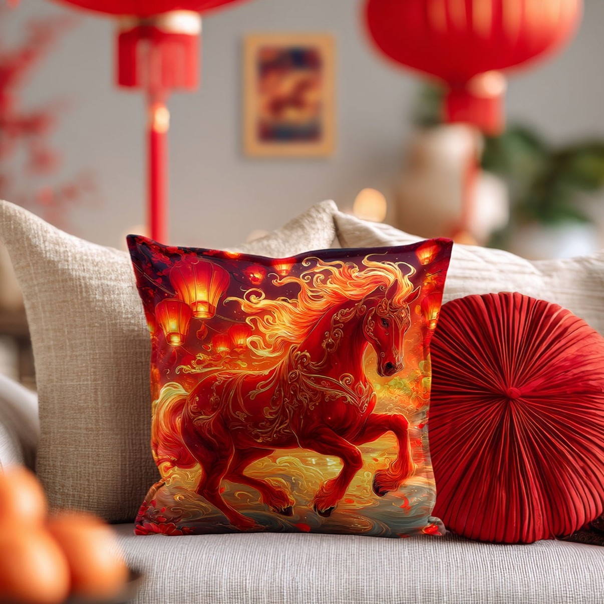Dekokissen mit leuchtend rotem Pferdemotiv und Laternen auf einem Sofa, umgeben von roten Lampions und Kissen.