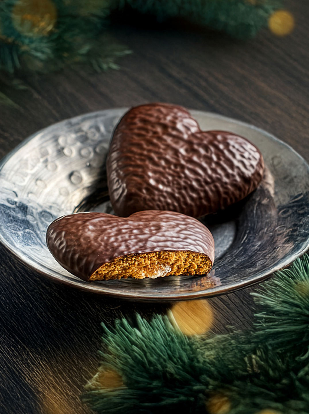Festliche Szene mit zwei schokolierten Lebkuchen-Herzen in einer silbernen Schale, umrahmt von Tannenzweigen und goldenem Lichterglanz.