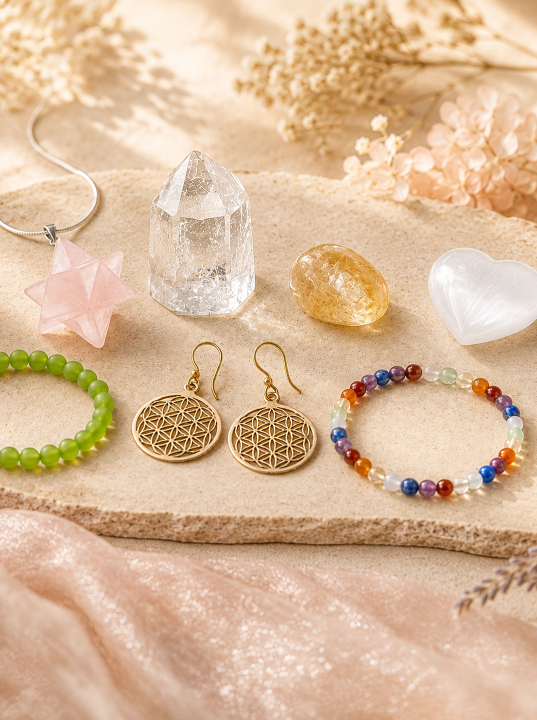 Stimmungsvolle Produktszene mit Rosenquarz-Anhänger, Armbändern, Blume-des-Lebens-Ohrhängern sowie Bergkristall, Golden Healer und Selenit-Herz. Warmes Sonnenlicht, zarte Blüten und sanfte Naturtöne schaffen eine feminine, harmonische Atmosphäre.