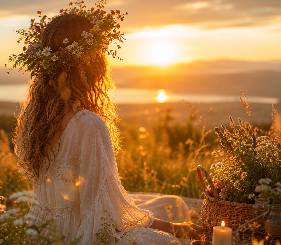Frau mit Blumenkranz sitzt in einer blühenden Wiese und blickt bei goldenem Sonnenuntergang über eine weite Landschaft mit See. Neben ihr stehen ein Blumenkorb und eine Kerze.