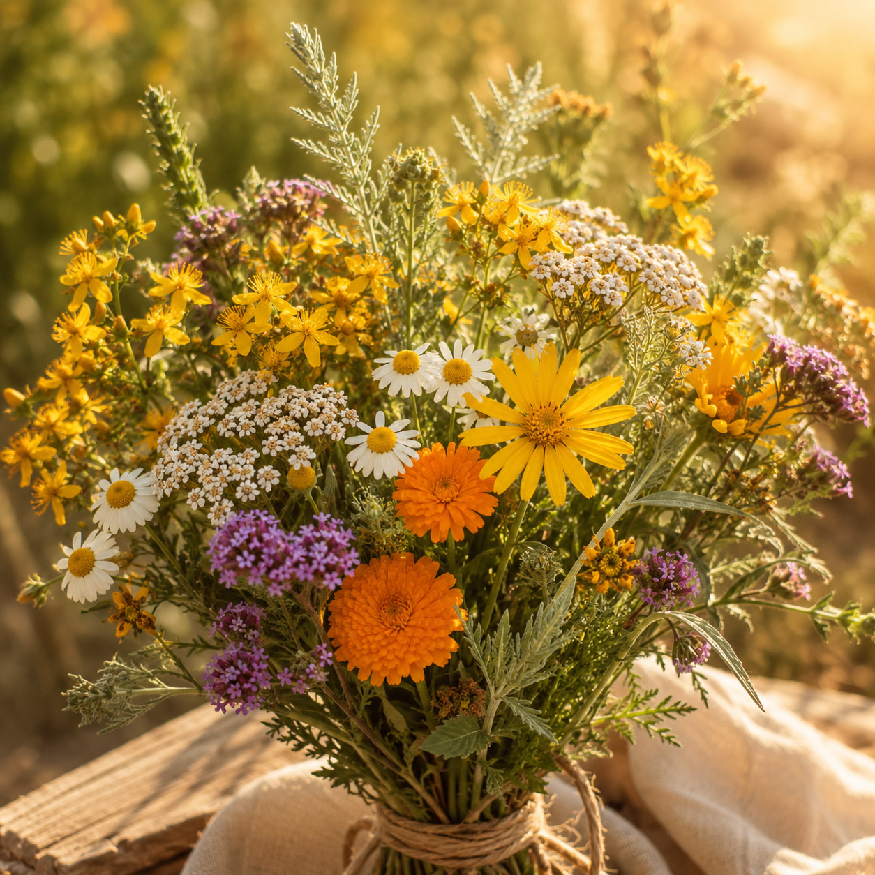 Bunter Wildblumenstrauß mit Johanniskraut, Kamille, Ringelblumen und Eisenkraut in warmem Sonnenlicht. Die frischen Blumen wirken natürlich und sommerlich.