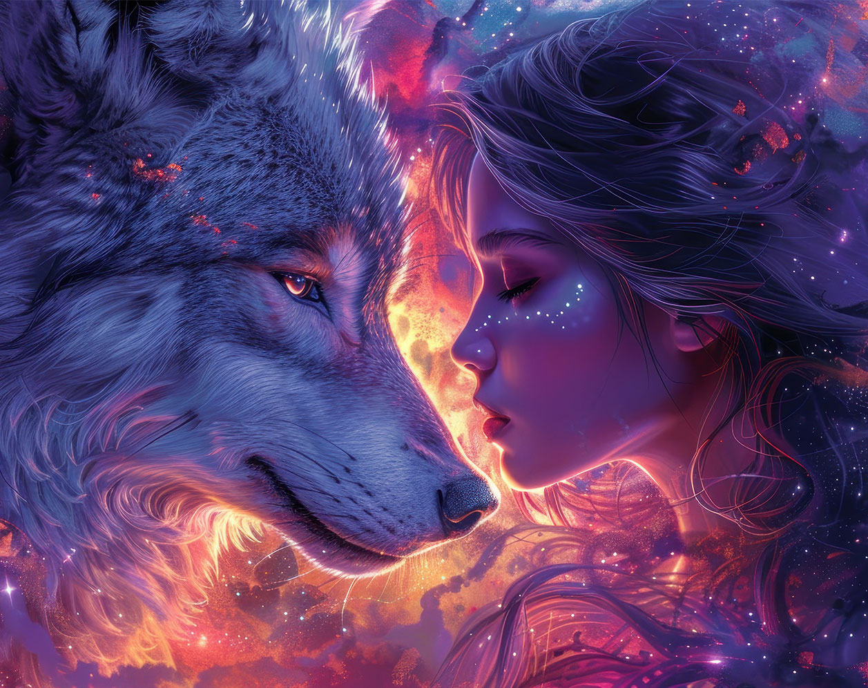 Ein fantasievolles, farbintensives Kunstwerk zeigt eine Frau mit geschlossenen Augen im Profil, die sanft mit der Stirn eines großen Wolfes in Kontakt steht. Die Szene symbolisiert tiefe Verbundenheit, Intuition und spirituelle Harmonie.