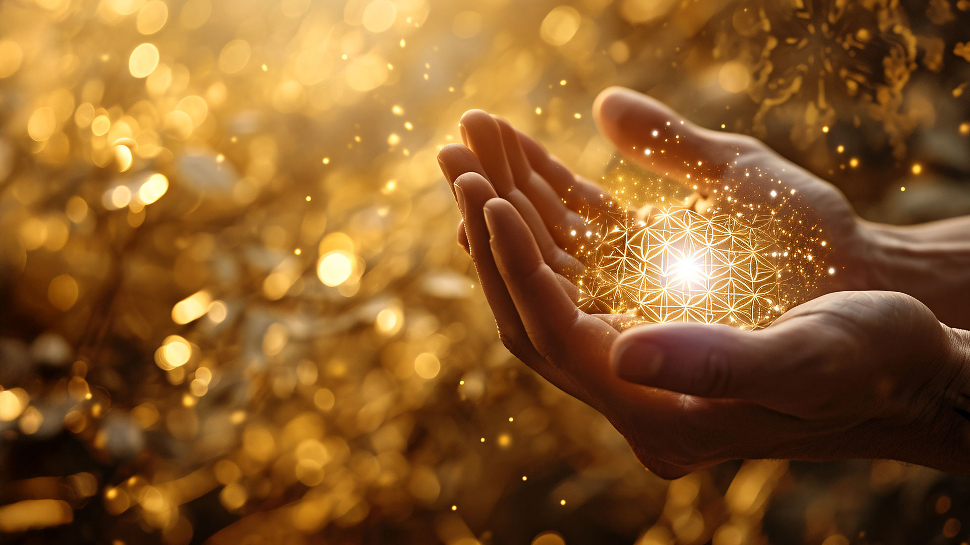 Zwei geöffnete Hände halten ein leuchtendes Symbol der Blume des Lebens, das in goldenem Licht erstrahlt und von glitzernden Funken umgeben ist. Die Szene vermittelt ein Gefühl von Energie, Achtsamkeit und spiritueller Verbundenheit. 