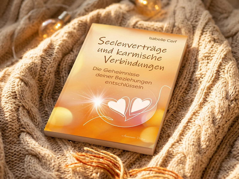 Buch „Seelenverträge und karmische Verbindungen“ liegt auf einer weichen Strickdecke, warm beleuchtet und lädt ein, die Geheimnisse von Beziehungen zu entdecken.