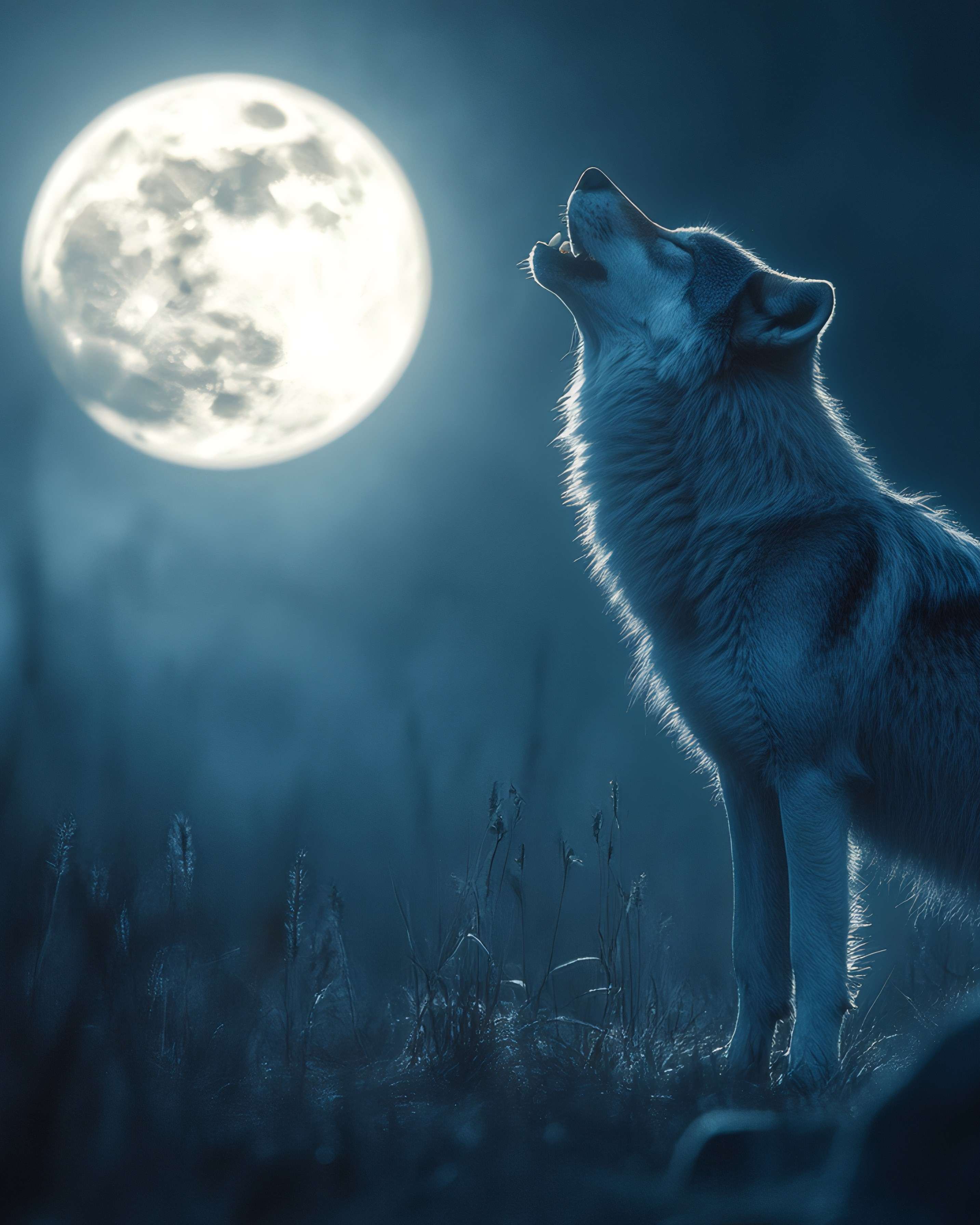 Ein Wolf steht im Mondlicht und heult mit erhobenem Kopf vor einem großen, leuchtenden Vollmond.