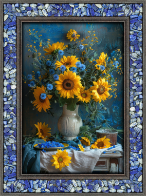 Lapislazuli-Energiebild „Sonnenblumenstrauß“