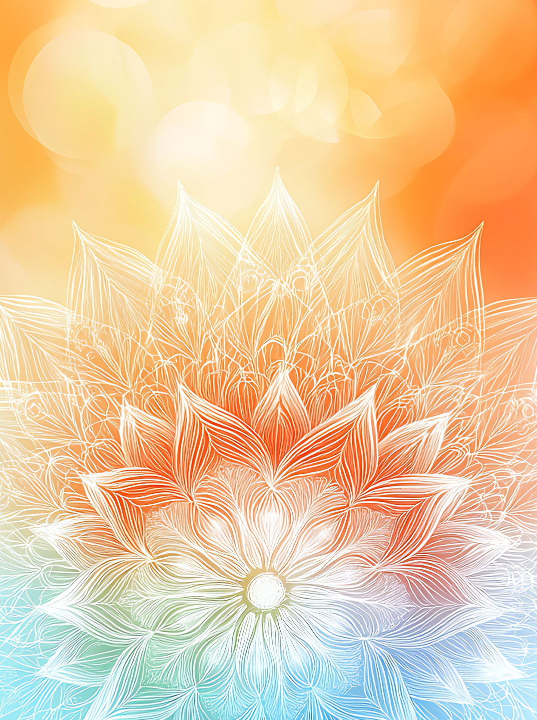 Filigrane weiße Mandala-Blüte vor sanftem Farbverlauf in Orange und Hellblau mit weichen Lichtkreisen und harmonischer, meditativer Ausstrahlung.