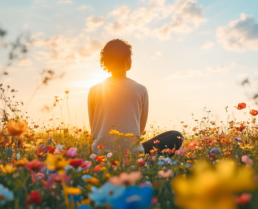 Eine Person sitzt mit dem Rücken zur Kamera inmitten einer bunten Blumenwiese und blickt in den Sonnenuntergang.