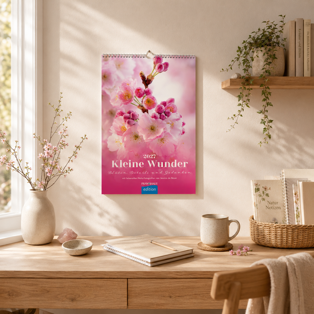 Wandkalender „Kleine Wunder 2027“ mit rosa Kirschblüten-Motiv an einer hellen Wand über einem Schreibtisch. Umgeben von Vase mit Blütenzweigen, Tasse, Notizbuch und einem Wandregal mit Pflanzen.