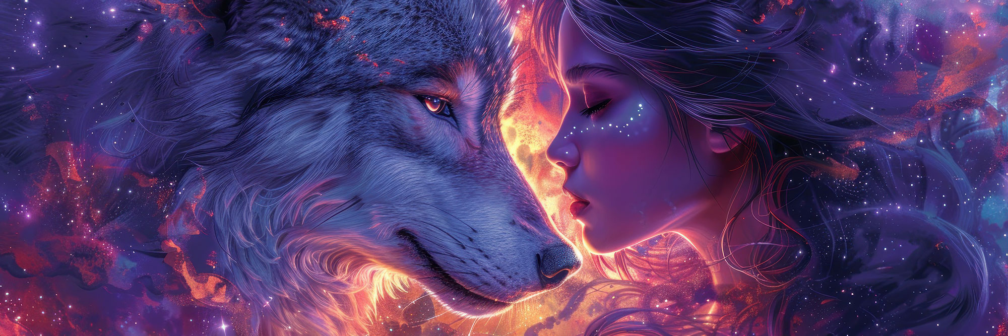 Ein fantasievolles, farbintensives Kunstwerk zeigt eine Frau mit geschlossenen Augen im Profil, die sanft mit der Stirn eines großen Wolfes in Kontakt steht. Die Szene symbolisiert tiefe Verbundenheit, Intuition und spirituelle Harmonie.
