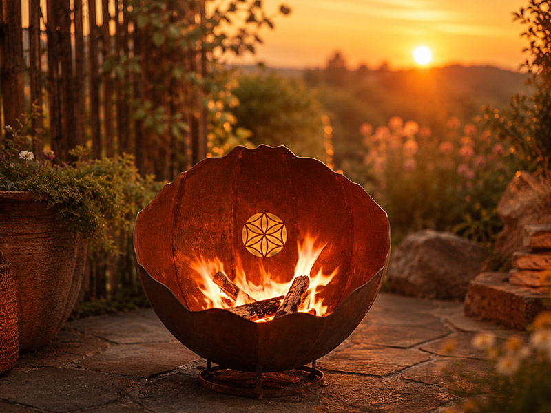 Feuerschale aus Edelrost mit Saat-des-Lebens-Motiv auf einer Terrasse. Die Flammen leuchten warm im Abendlicht, umgeben von Gartenblumen und einem stimmungsvollen Sonnenuntergang.