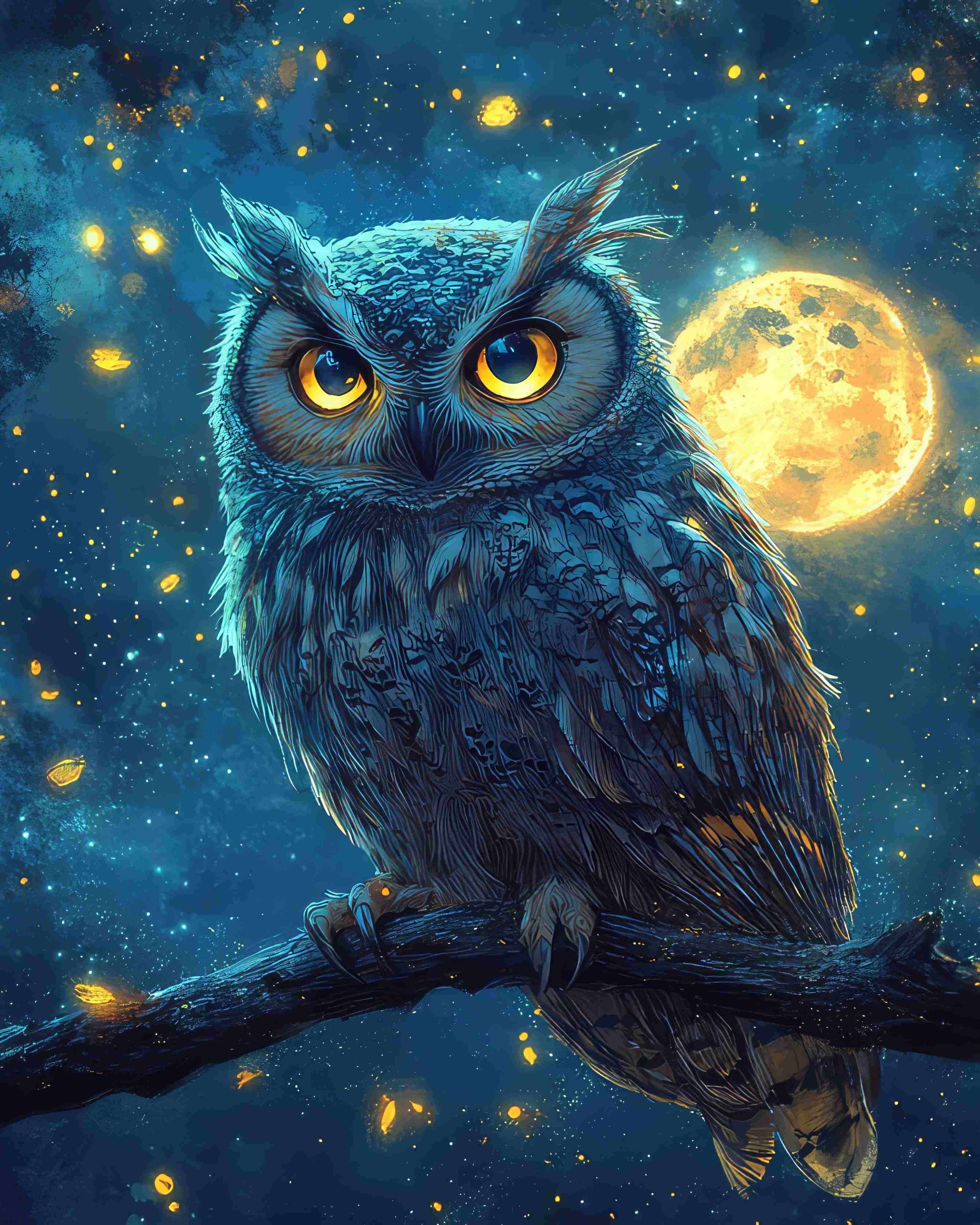 Eine leuchtäugige, fantasievoll gezeichnete Eule sitzt auf einem Ast vor einem sternenreichen Nachthimmel mit Vollmond.