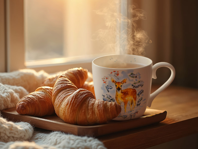 Eine liebevoll gestaltete Tasse mit winterlichem Reh-Motiv steht auf einem Holztablett neben Croissants. Aus der Tasse steigt duftender Dampf auf, während warmes Sonnenlicht durch das Fenster fällt.