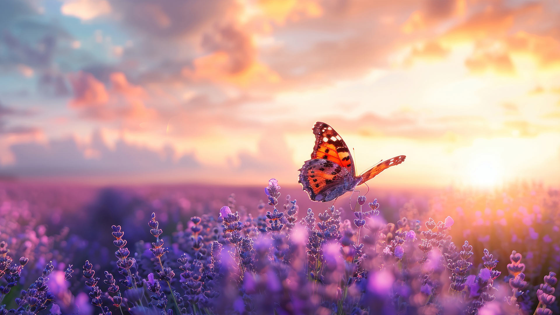 Ein Schmetterling mit schwebt über einem weitläufigen Lavendelfeld im goldenen Licht des Sonnenuntergangs.