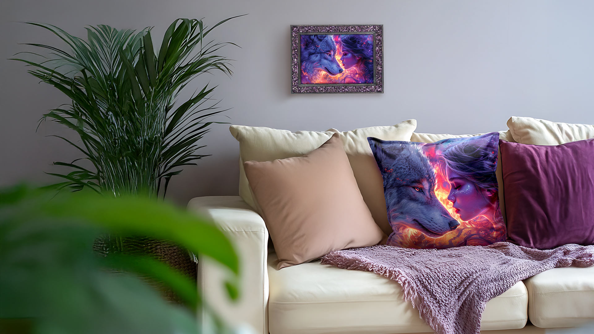 Auf einem Sofa liegt ein auffälliges Kissen. Das Motiv zeigt eine Frau, die dem Krafttier Wolf begegnet, umgeben von einem magischen Farbenspiel. Darüber hängt das passende Energiebild, mit einem Amethyst-besetzten Rahmen.