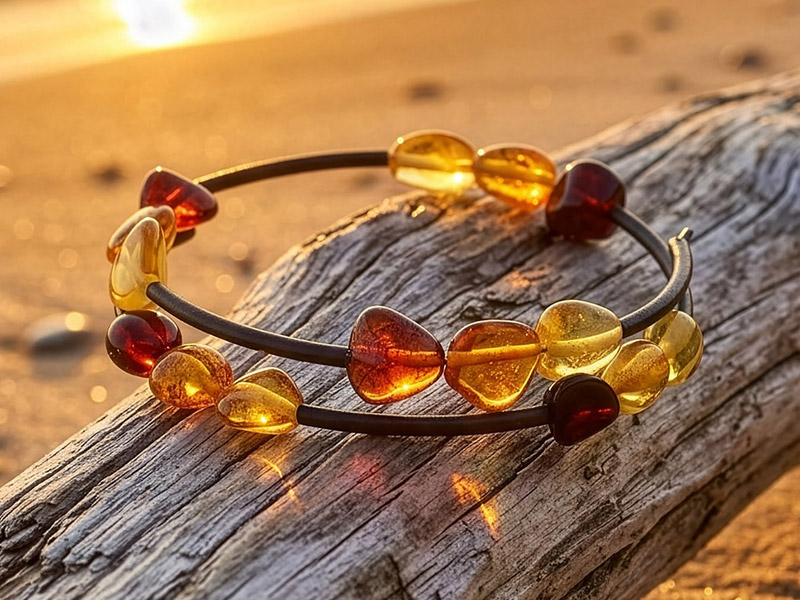 Wickelarmband mit Bernsteinen in drei verschiedenen Farbtönen auf Treibholz am Strand im goldenen Licht der untergehenden Sonne.
