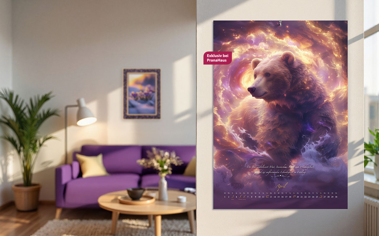 Der PranaHaus Krafttier-Kalender hängt in einem hellen, gemütlichen Wohnzimmer. Der Wandkalender zeigt das Monatsmotiv April mit einem majestätischen Bären vor einem leuchtenden, galaktischen Hintergrund. Darunter steht ein inspirierender Spruch.