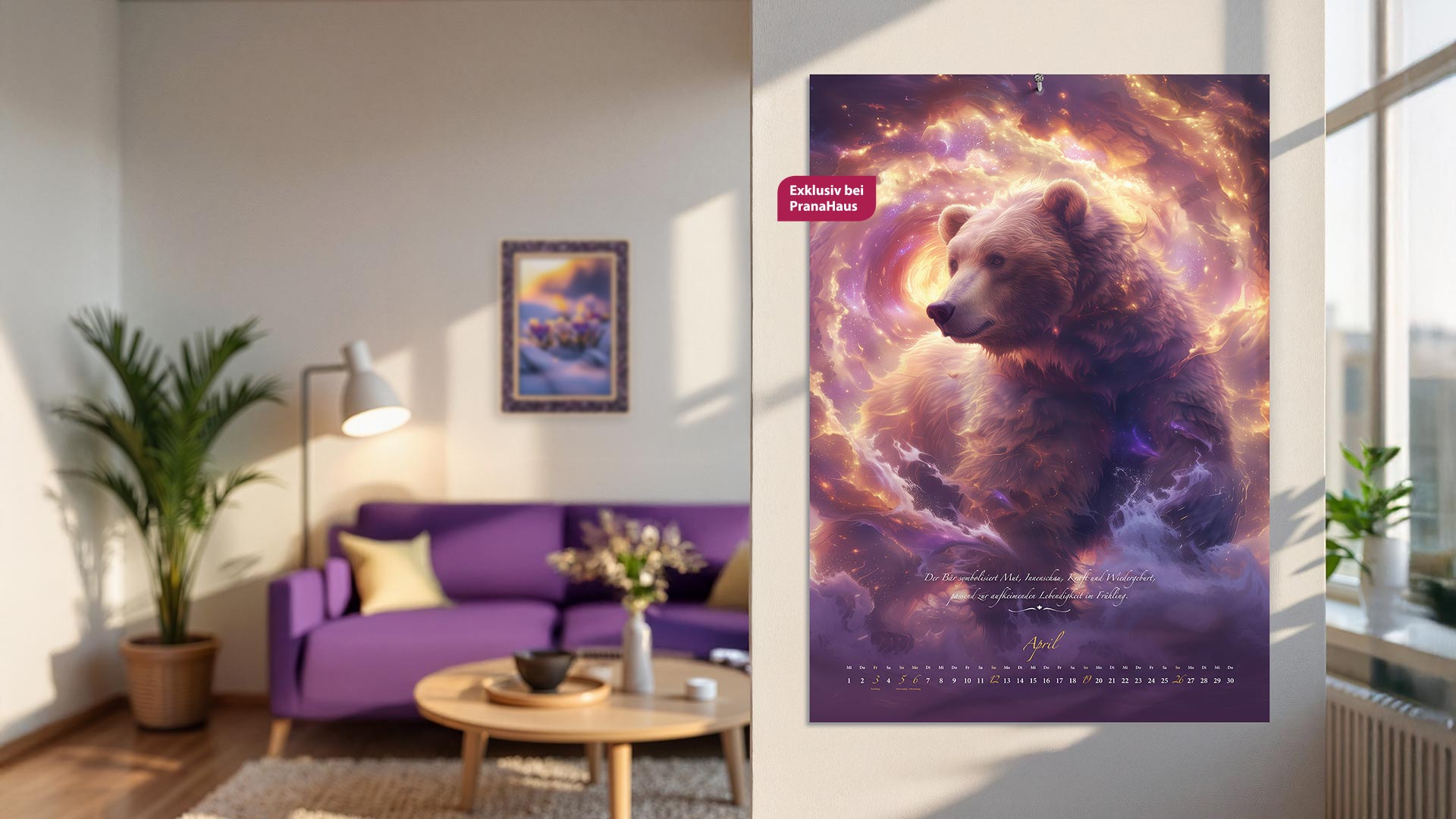 Der PranaHaus Krafttier-Kalender hängt in einem hellen, gemütlichen Wohnzimmer. Der Wandkalender zeigt das Monatsmotiv April mit einem majestätischen Bären vor einem leuchtenden, galaktischen Hintergrund. Darunter steht ein inspirierender Spruch.