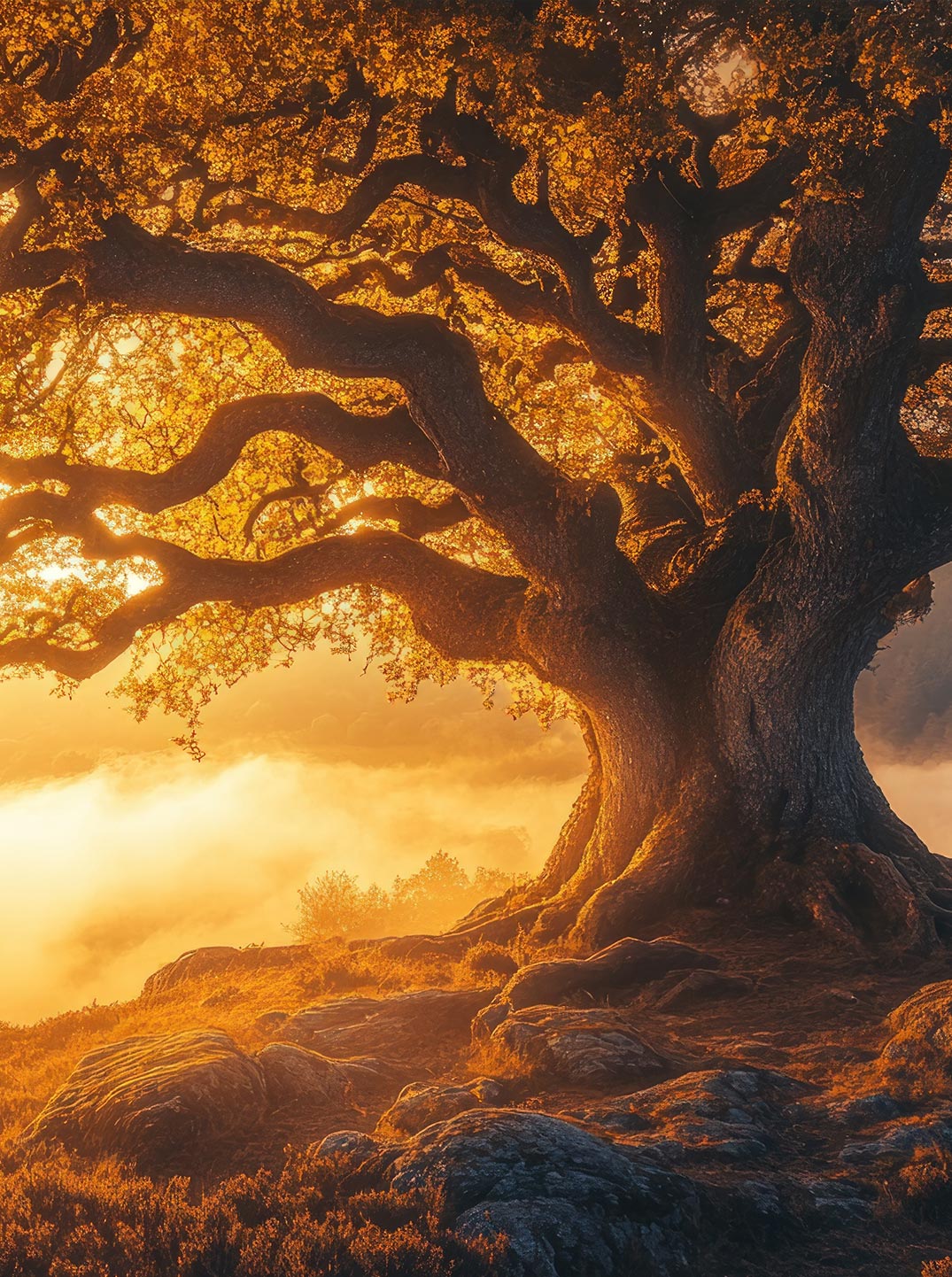Ein mächtiger, uralter Baum steht auf einem Hügel, dessen ausladende Äste sich schützend über die Landschaft wölben – ein Symbol für Lebenskraft und Beständigkeit. Die Szene ist in goldenes Morgenlicht getaucht. Nebelschwaden ziehen durch das Tal.