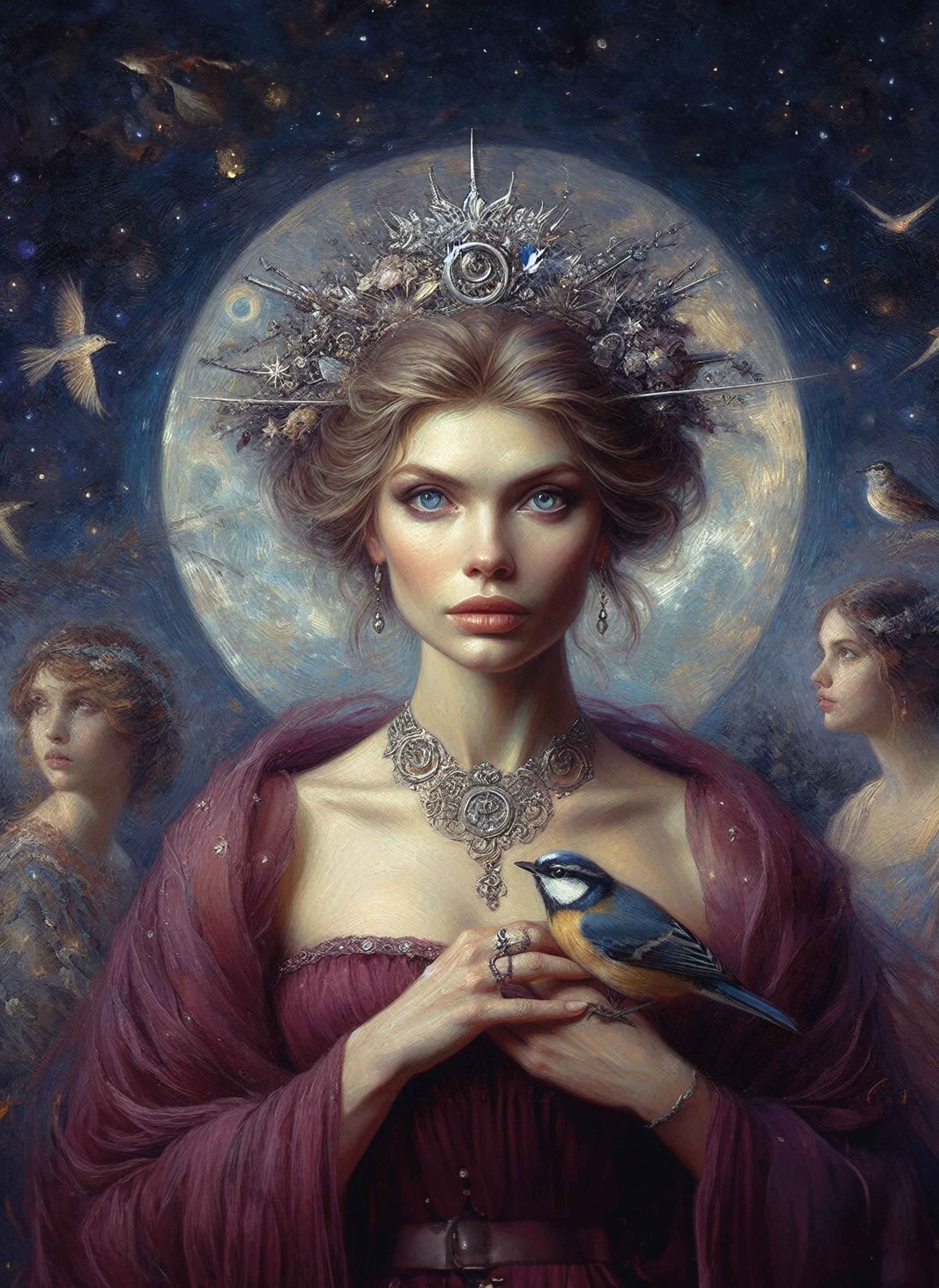 Eine edel gekleidete Frau mit Vogel in der Hand steht vor einem leuchtenden Vollmond in mystischer Nachtstimmung.