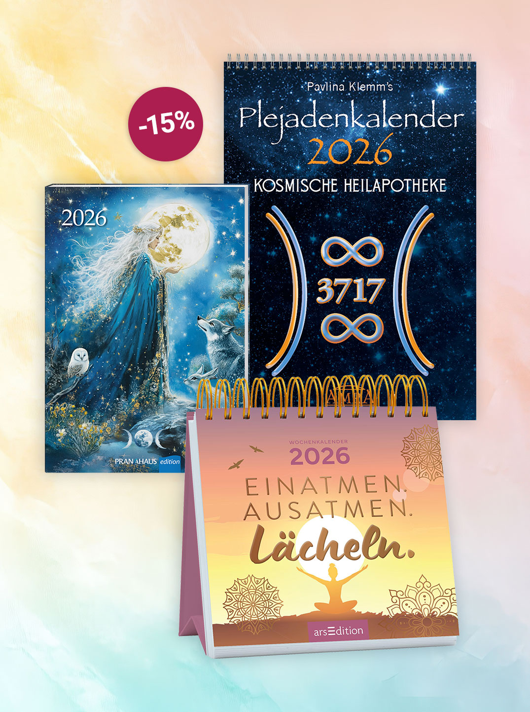 Collage aus verschiedenen Kalendern für 2026, ein roter Kreis weist auf -15% Rabatt hin.