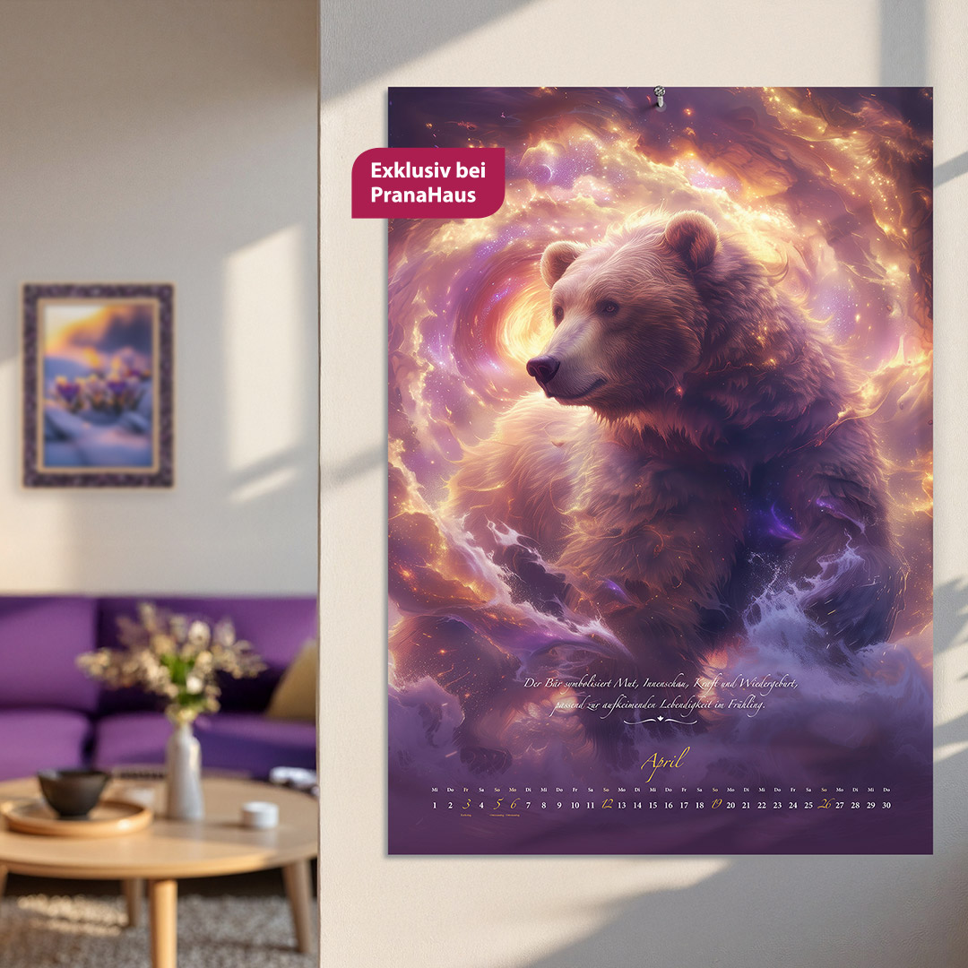 Der PranaHaus Krafttier-Kalender hängt in einem hellen, gemütlichen Wohnzimmer. Der Wandkalender zeigt das Monatsmotiv April mit einem majestätischen Bären vor einem leuchtenden, galaktischen Hintergrund. Darunter steht ein inspirierender Spruch.