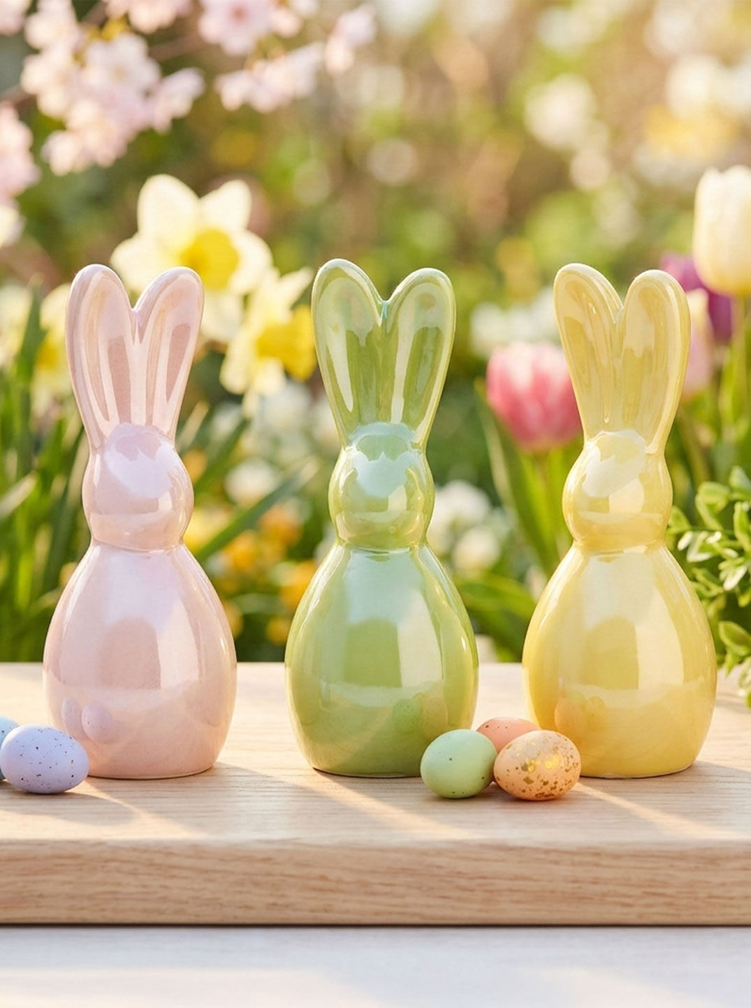 Drei pastellfarbene Hasenfiguren in Rosa, Grün und Gelb mit Osterdeko und Eiern. Eingeblendete Aktion: 5 € ab 35 €, 10 € ab 75 €, 20 € ab 150 €. Frühlingshafte Szene mit Blumen im Hintergrund.