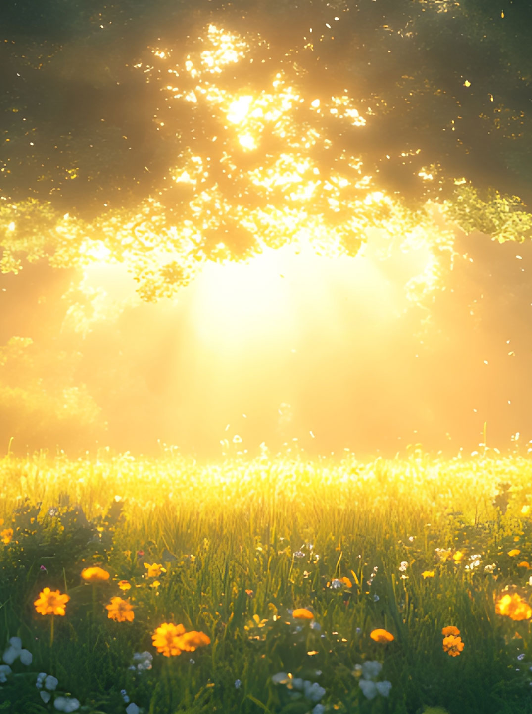 Goldenes Sonnenlicht bricht durch die Kronen alter Bäume und taucht eine friedliche Waldlichtung in warmes Strahlen. Im Vordergrund blühen unzählige gelbe und weiße Wildblumen.