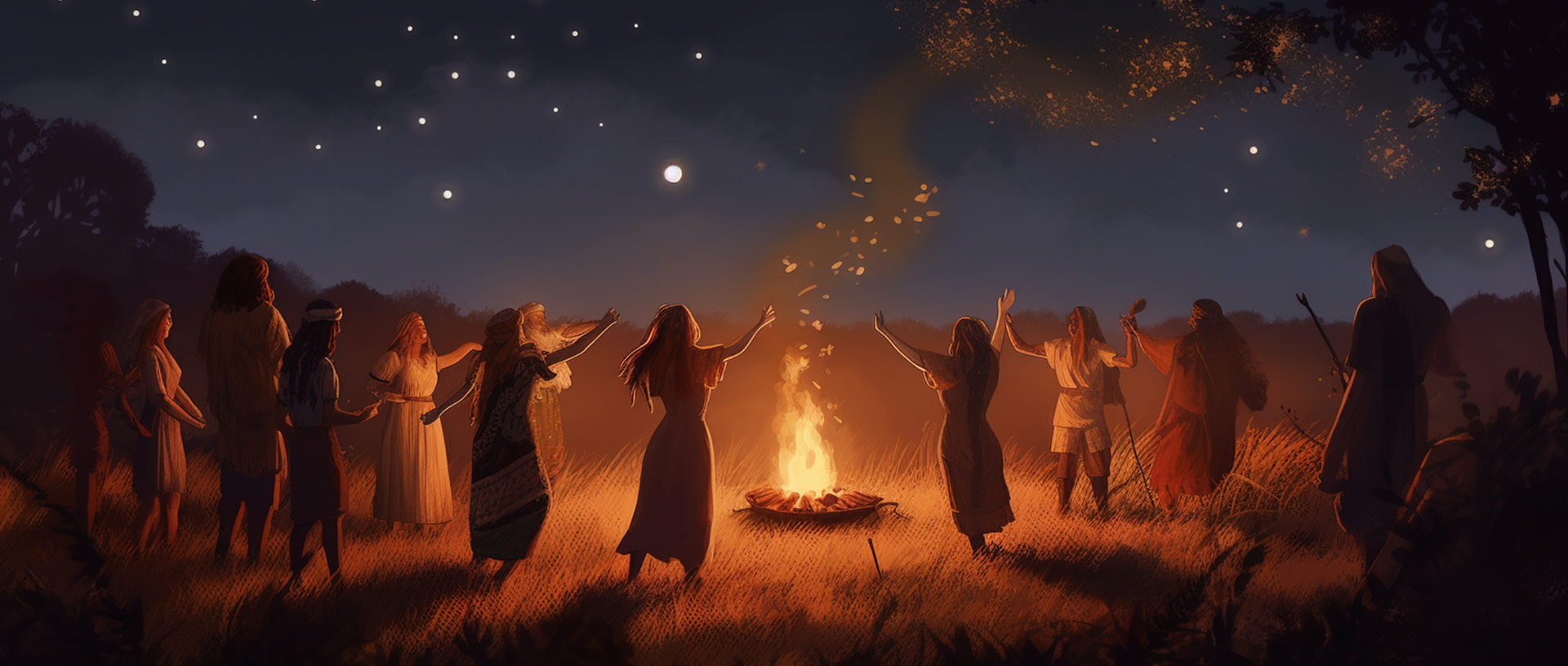 Frauen in Gewändern und Männer in traditioneller Kleidung tanzen um ein Feuer vor dem nächtlichen Sternenhimmel