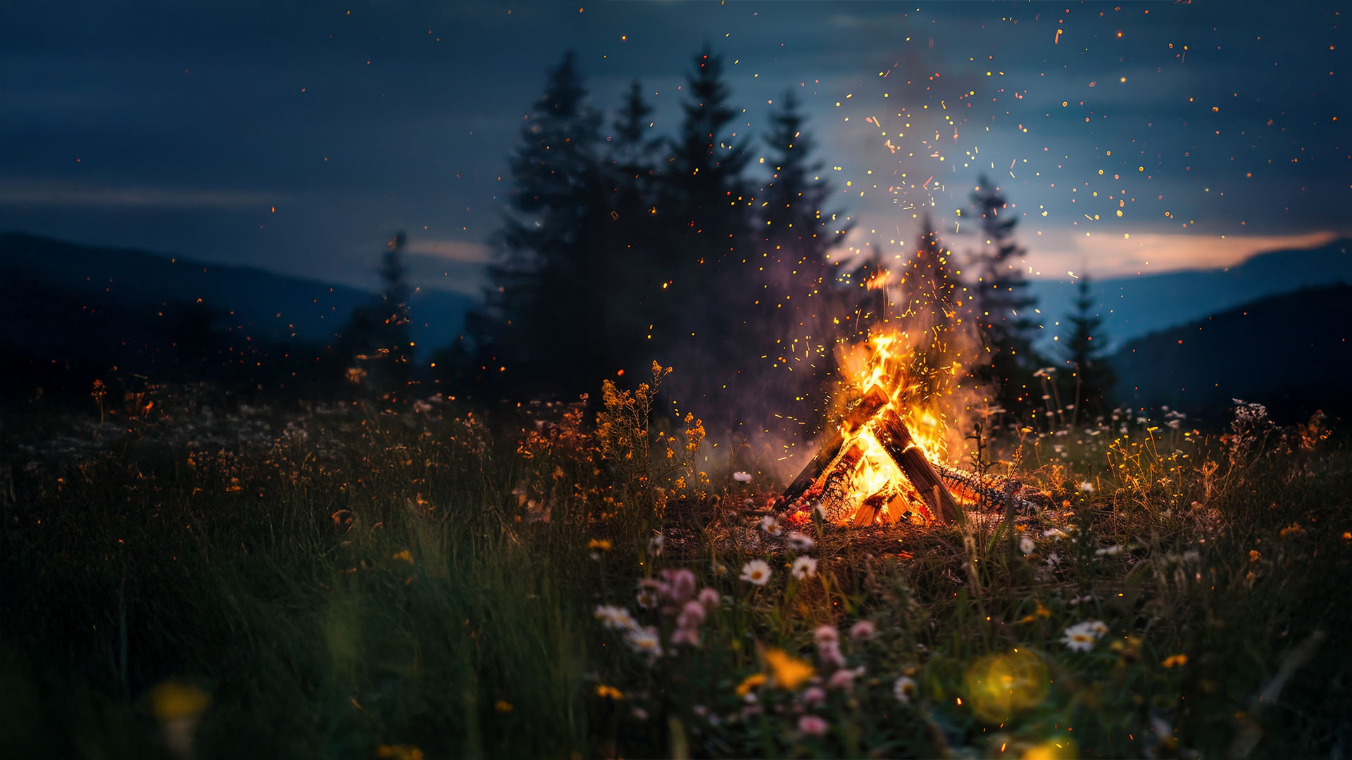 Ein hell loderndes Lagerfeuer brennt auf einer Wiese zwischen wilden Blumen. Funken steigen in den Abendhimmel, im Hintergrund dunkle Silhouetten von Nadelbäumen. Die Atmosphäre ist stimmungsvoll, warm und magisch.
