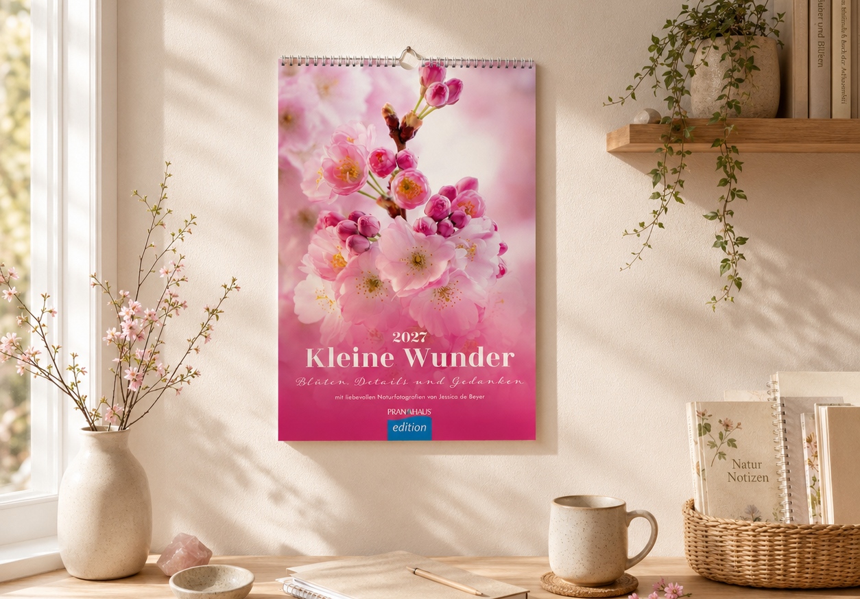 Wandkalender „Kleine Wunder 2027“ mit rosa Kirschblüten-Motiv an einer hellen Wand über einem Schreibtisch. Umgeben von Vase mit Blütenzweigen, Tasse, Notizbuch und einem Wandregal mit Pflanzen.