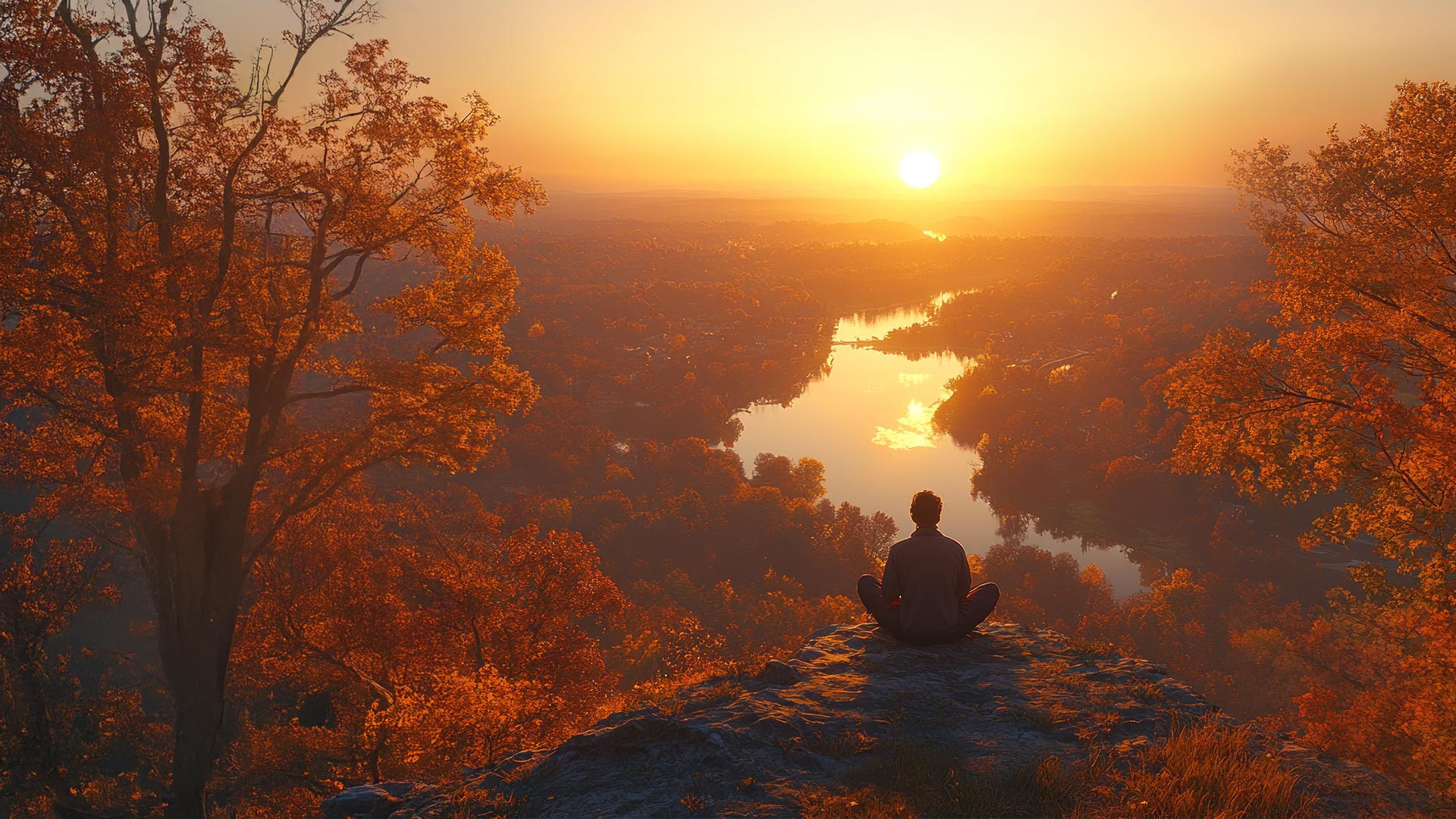 Eine Herbstlandschaft mit leuchtend gefärbten Laubbäumen, einem sanft mäandernden Fluss und tiefstehender Sonne am Horizont. Im Vordergrund sitzt eine Person auf einem Felsvorsprung und betrachtet meditativ das weite Panorama.