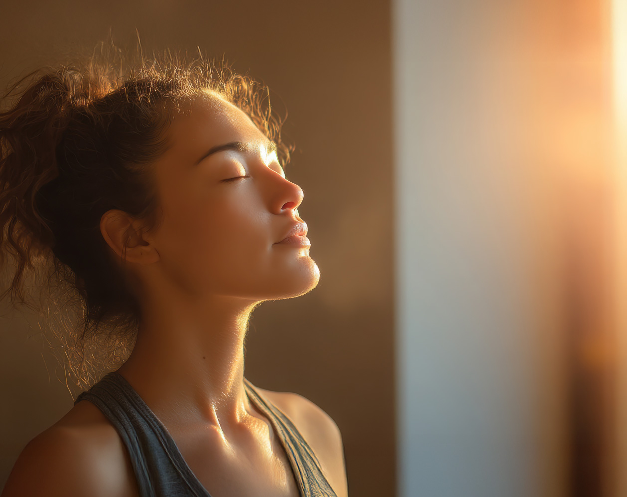 Frau mit geschlossenen Augen genießt warmes Sonnenlicht am Fenster.