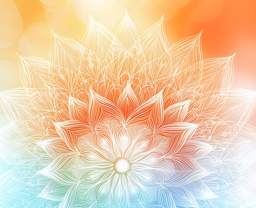 Filigrane weiße Mandala-Blüte vor sanftem Farbverlauf in Orange und Hellblau mit weichen Lichtkreisen und harmonischer, meditativer Ausstrahlung.