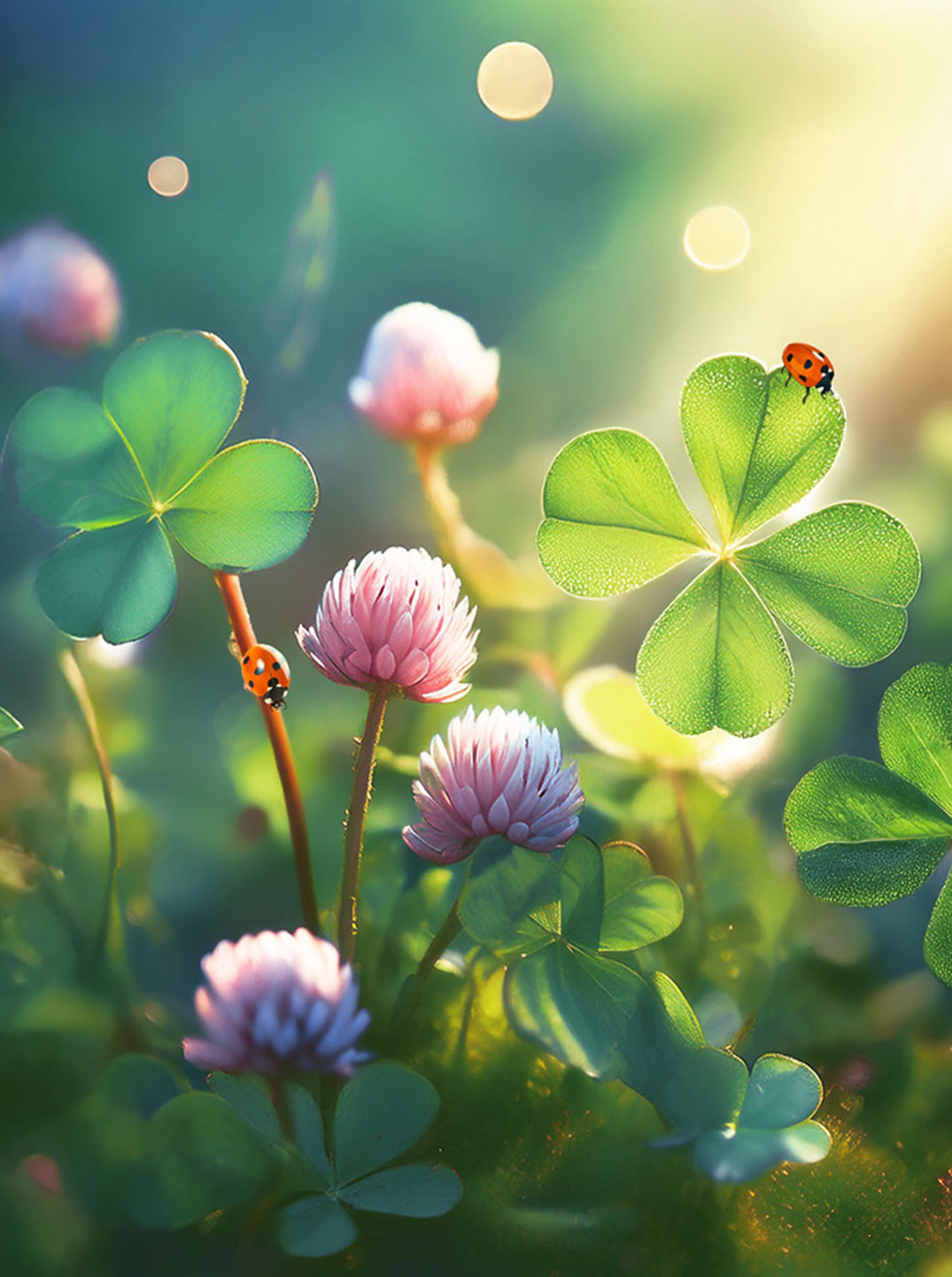 Zartes Frühlingsbild mit leuchtend grünen Kleeblättern, rosafarbenen Blüten und kleinen Marienkäfern. Warmes Sonnenlicht und weicher Hintergrund vermitteln Leichtigkeit, Glück und einen stillen Moment voller Zuversicht.