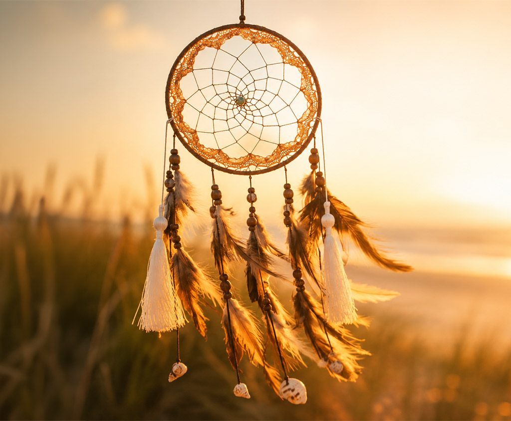 Traumfänger mit Spitzenbordüre, Federn und kleinen Muscheln hängt im warmen Licht der Abendsonne vor einem unscharfen Strandhintergrund. Die Federn bewegen sich leicht im Wind, während goldenes Gegenlicht eine ruhige, sommerliche Atmosphäre schafft.