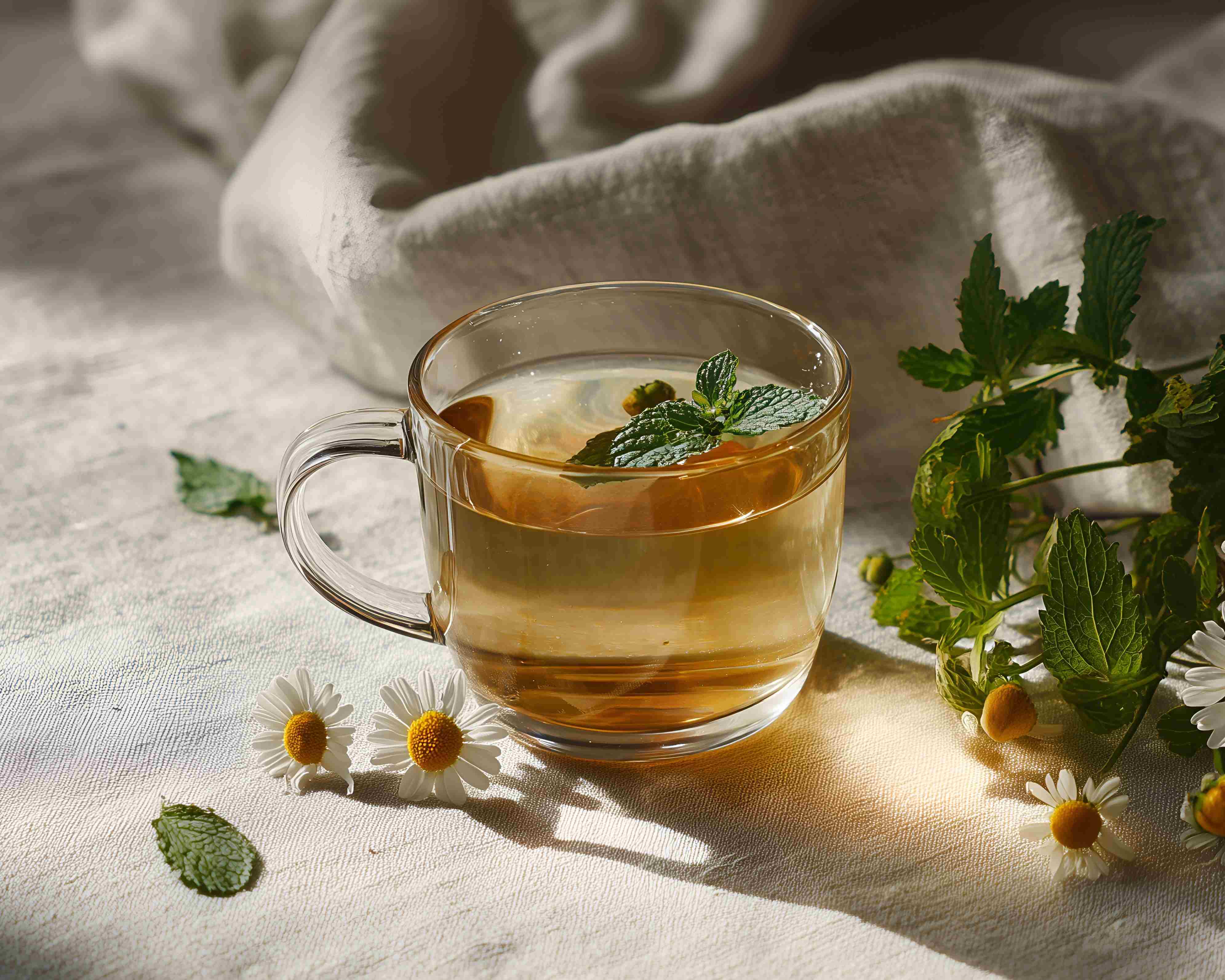 Gläserne Tasse mit hellem Kräutertee und Minzblättern auf einem hellen Tuch, daneben liegen Kamillenblüten und frische Minze.