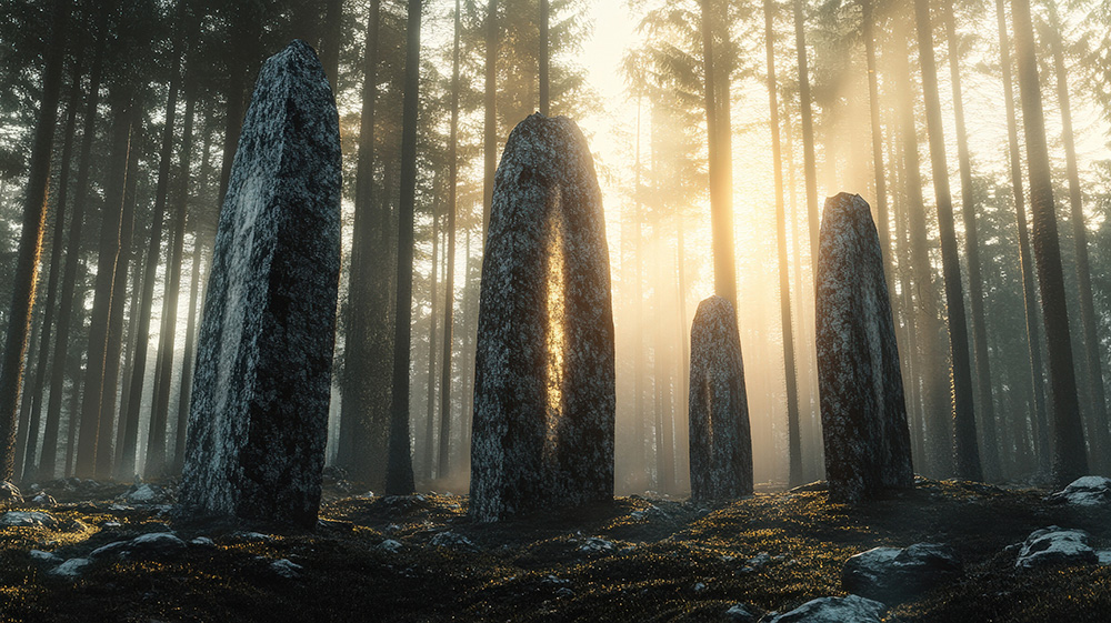 Mehrere aufrecht stehende, moosbedeckte Steine bilden in einem nebeligen Wald bei tiefstehender Sonne einen mystischen Steinkreis.