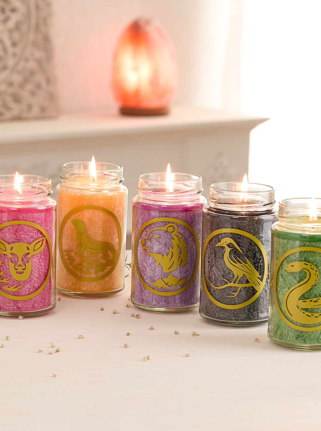 Duftkerzen im Glas in verschiedenen Farben mit verschiedenen, als goldenes Emblem aufgedruckten Krafttier-Motiven: Wolf, Delfin, Reh, Salamander, Bär, Rabe, Schlange.