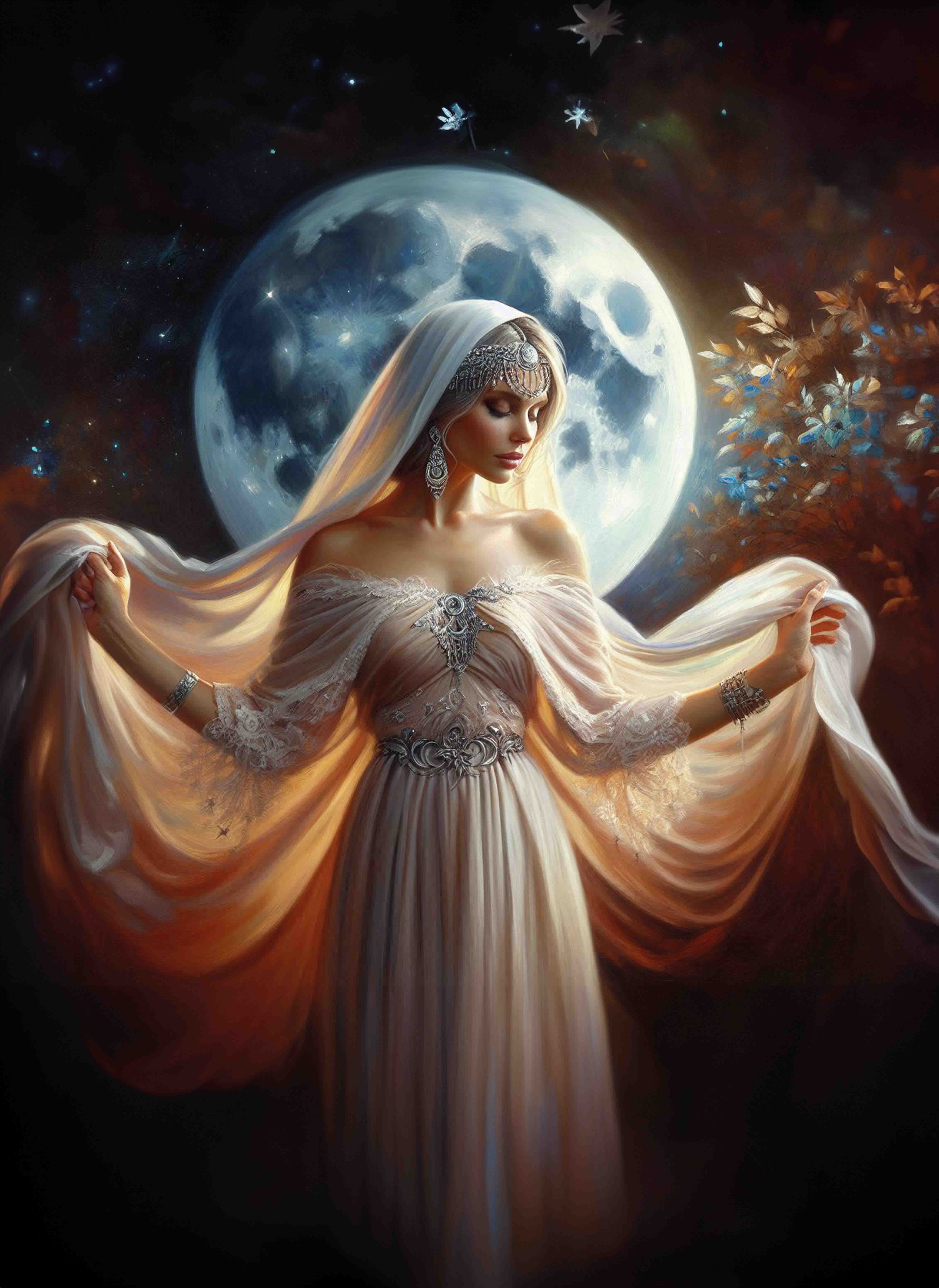 Eine elegant gekleidete Frau in einem fließenden, verzierten Gewand steht anmutig vor einem leuchtenden Vollmond in einer mystischen, nächtlichen Szenerie.