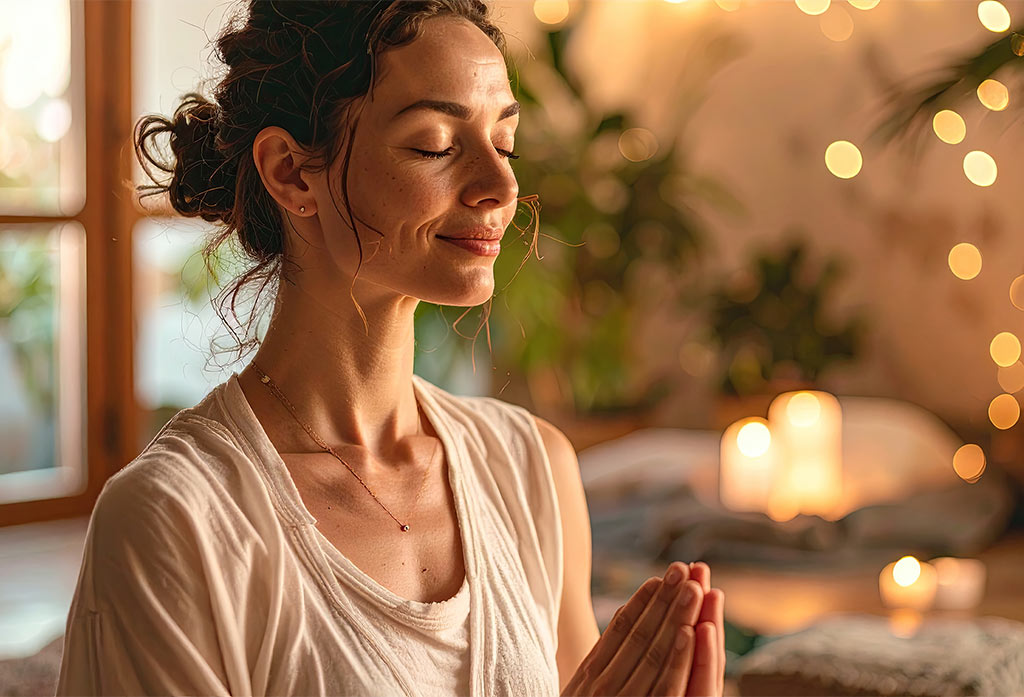 Eine Frau sitzt in stiller Meditation, die Augen geschlossen, die Hände vor der Brust gefaltet. Ihr Gesichtsausdruck strahlt innere Ruhe und Zufriedenheit aus. Sanftes Kerzenlicht schafft eine behagliche Atmosphäre – ein Moment der Achtsamkeit.