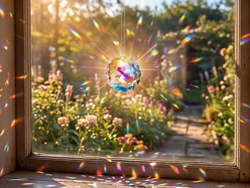 Bunter Sonnenfänger am Fenster, der im Sonnenlicht funkelnde Regenbogenreflexe in einen blühenden Garten im Hintergrund wirft.