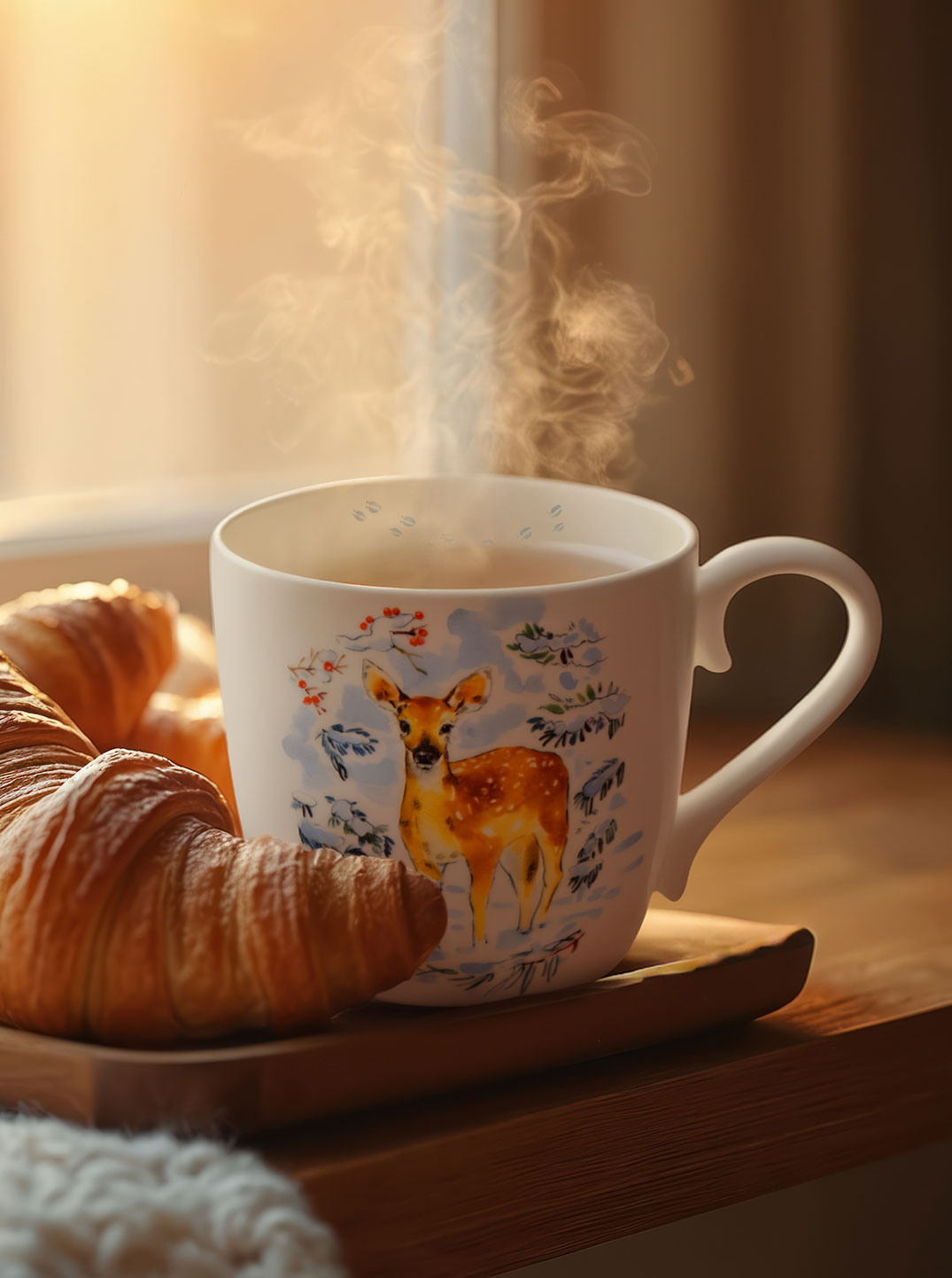 Eine liebevoll gestaltete Tasse mit winterlichem Reh-Motiv steht auf einem Holztablett neben Croissants. Aus der Tasse steigt duftender Dampf auf, während warmes Sonnenlicht durch das Fenster fällt.